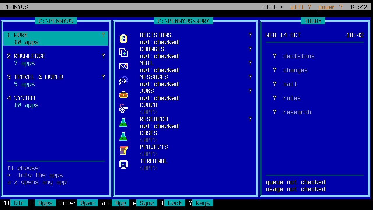 PennyOS Home in the terminal theme: three blue panels, the groups as directories.