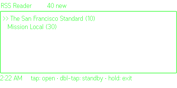 Feed list on the glasses: RSS Reader, 40 new, with The San Francisco Standard (10) selected above Mission Local (30). Simulator capture from the July 2026 build, before the gesture hints along the bottom were removed.