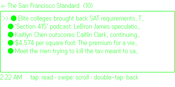 Headlines for The San Francisco Standard, five unread articles marked with filled dots. Simulator capture from the July 2026 build.