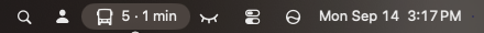 The macOS menu bar with Muni Tracker's item reading 5, 1 min