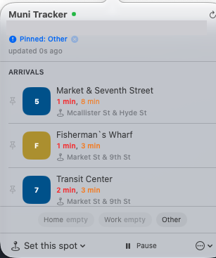 Muni Tracker's menu bar panel, searching from a saved spot at City Hall: the 5 at McAllister and Hyde, and the F and 7 at Market and 9th