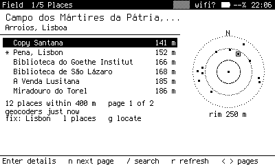 Places, around a Lisbon fix: what is within 400 m, with a north up plot.