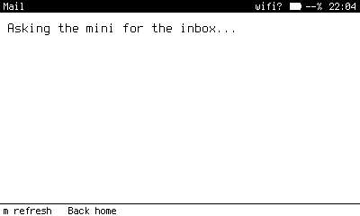 Mail asking the server for the inbox. With no server configured, it waits and then says so.