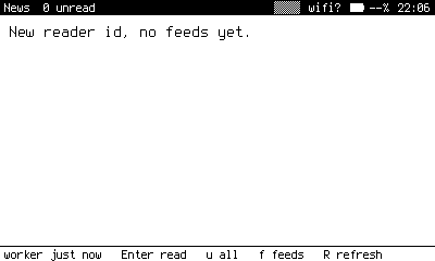 A new reader with no feeds yet. Add feeds with f.