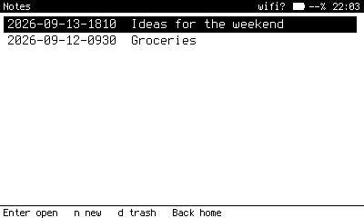 The notes list, newest first. Notes are named for the minute they were created.