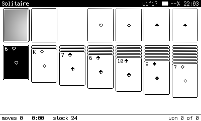 A fresh deal. Hearts and diamonds are hollow, clubs and spades filled, which is how suit colour survives a one-bit screen.