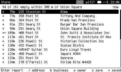 Store's Near list at a San Francisco fix. Outside the city, this screen says the fix may be outside San Francisco.