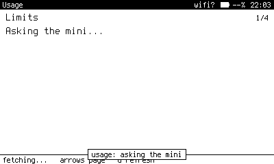 Usage asking the server. Four pages follow: limits, today, the week, and where tokens went.