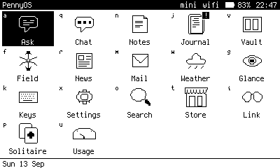 PennyOS home screen in the os8 theme, seventeen app icons with a letter each