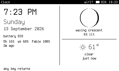PennyOS standby face with the time, date, battery, usage, moon phase and weather