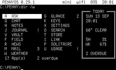 PennyOS home in the terminal theme, the apps listed as a directory with their keys