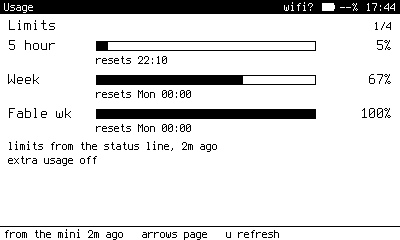 PennyOS Usage app showing Claude plan limits as three bars