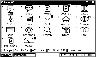 PennyOS home in the win95 theme, with a taskbar along the bottom
